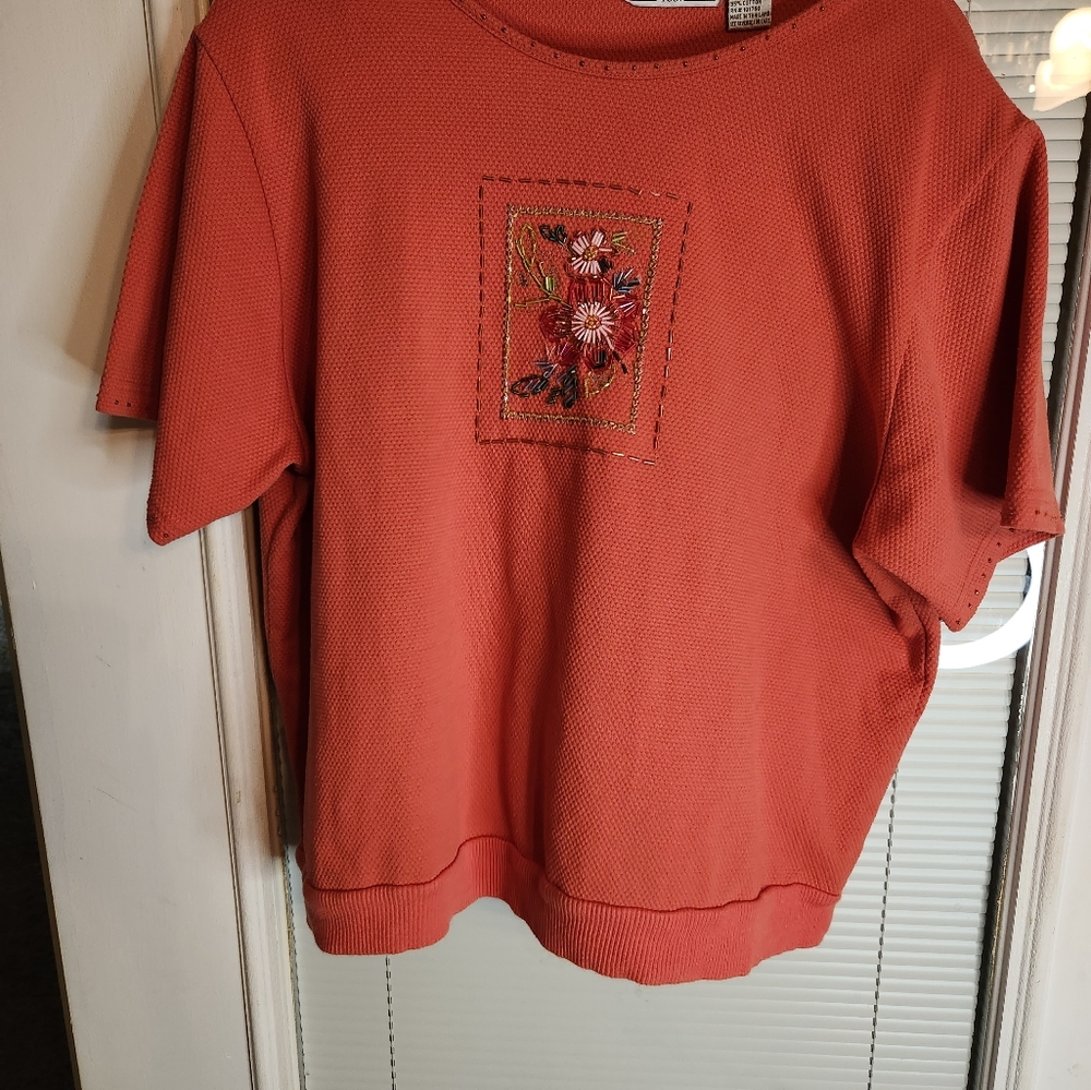 17 Womens top Blouse, Vintage Coral, Hand Beaded Glass Beads, Keneth Too